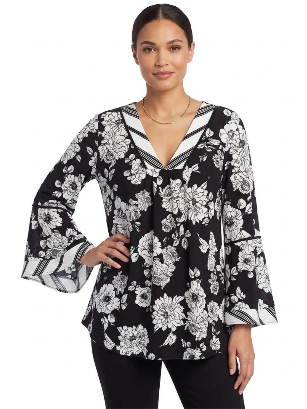 Valerie Stevens Black & White Floral V-Neck Tunic with Striped Trim